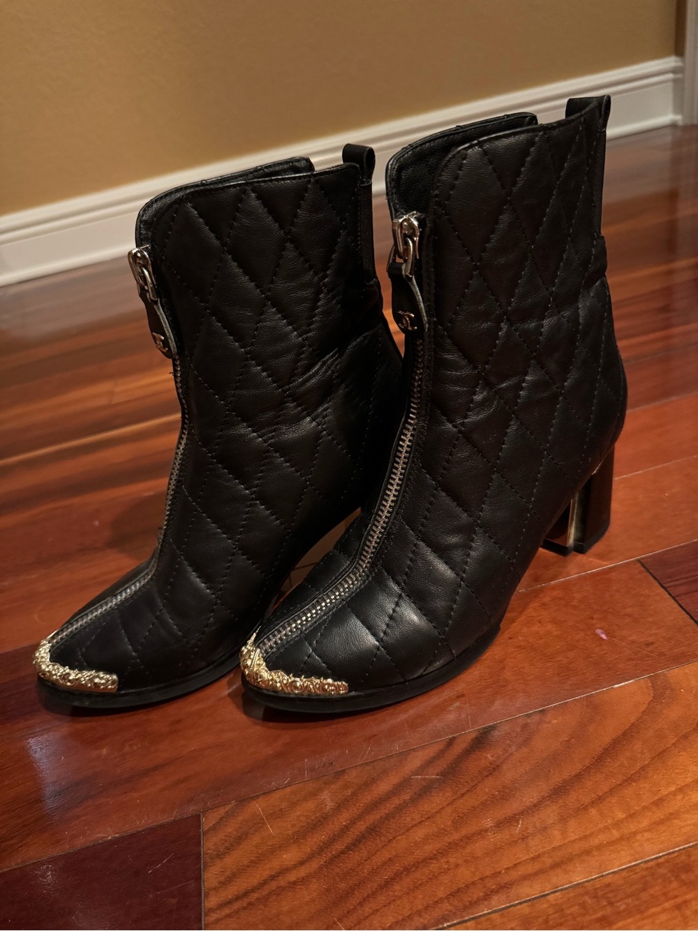 Black Quilted Leather Ankle Block heel Boots with Gold Toe Detail Front zipper